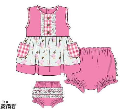 Pre Order 150: Gingham Mallards- Girls Knit Bloomer Set