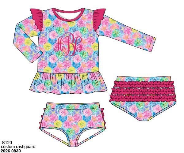 Pre Order 151: Swim Safe Sand Dollars- Girls 2pc Long Sleeve Rashguard Swim
