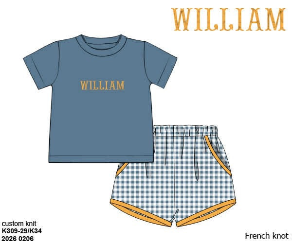 Pre Order 141: Neutral French Knot Sets- Boys Blue Stone Knit Shortie Set