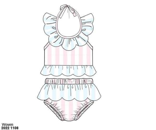 RTS: Pastel Stripes- Girls 2pc Woven Swim