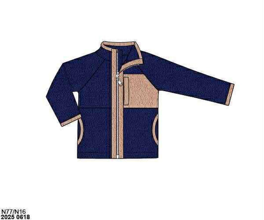 RTS: Warm & Fuzzy Fleece- Boys Navy & Tan Zipper Jacket