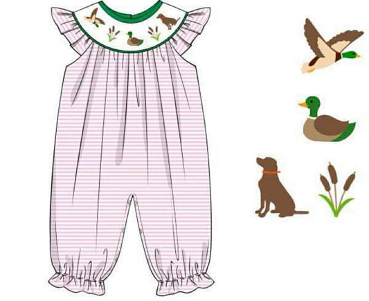 Pre Order 141: Smocked Puppy Duck- Girls Knit Romper