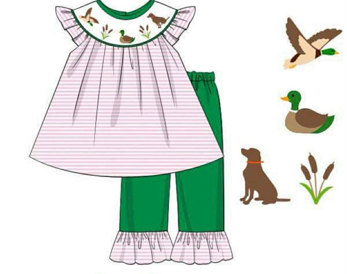 RTS: Smocked Puppy Duck- Girls Knit Pant Set