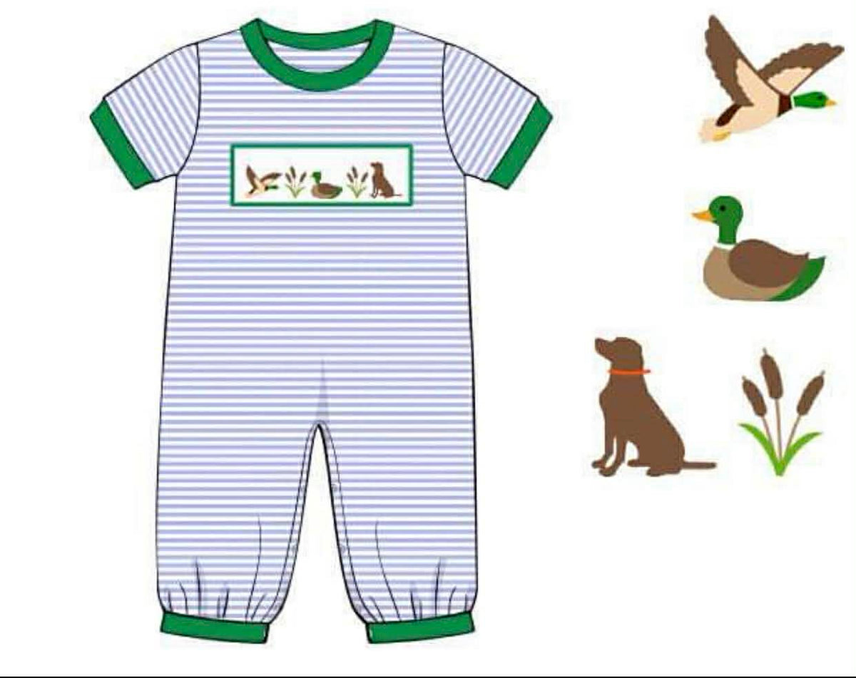 RTS: Smocked Puppy Duck- Boys Knit Romper
