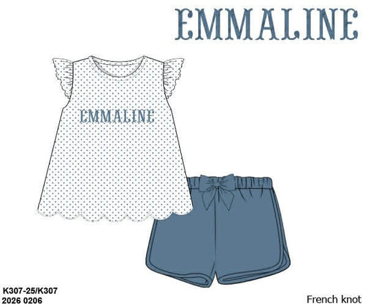Pre Order 141: Neutral French Knot Sets- Girls Blue Stone Knit Shortie Set