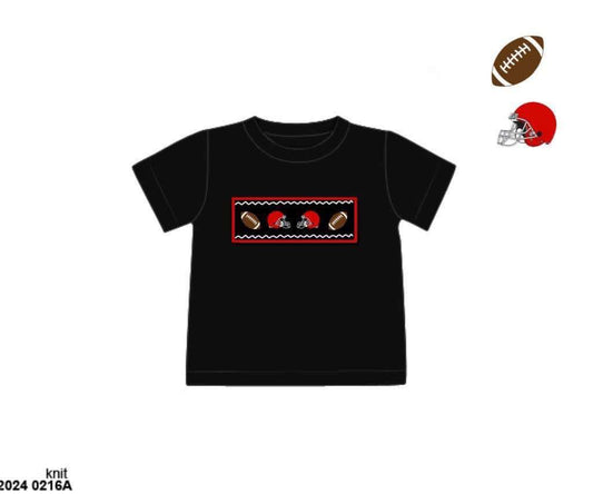 RTS: Smocked Footballs- Red & Black Boys Knit Shirt