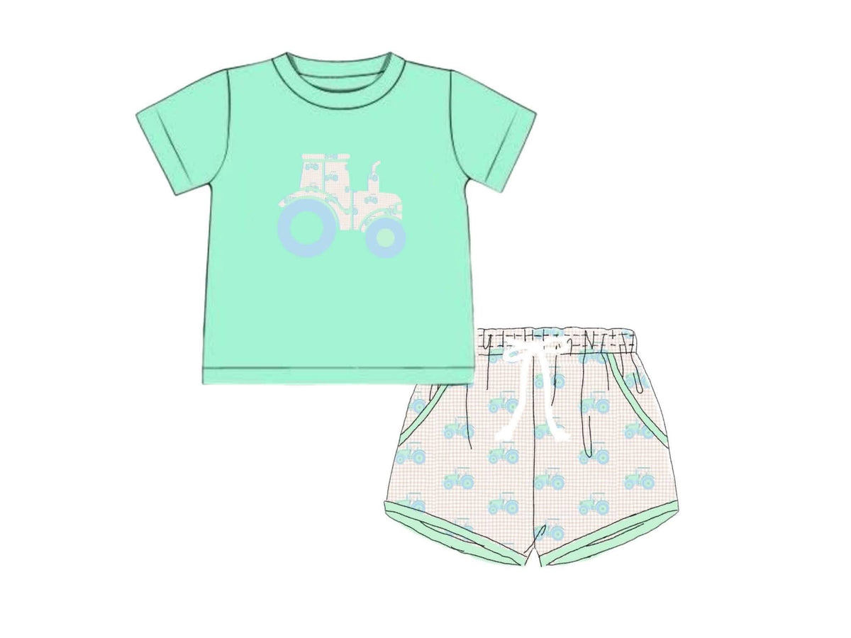 Pre Order 150: Tractors & Floral- Boys Knit Shortie Set