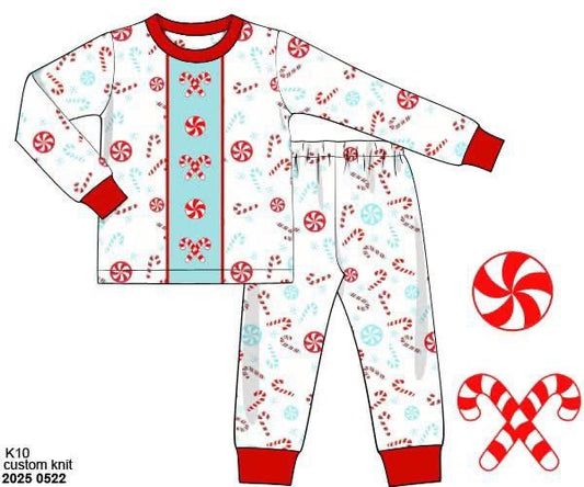RTS: Candy Cane Lane- Boys Embroidered 2pc Knit Lounge Set