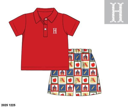 Pre Order 139: Schoolhouse Patchwork- Boys Polo Short Set