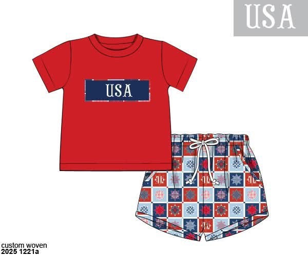 Pre Order 137: Patriotic Patchwork- Boys Name Smock Shortie Set