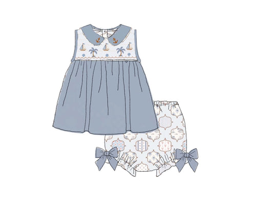 Pre Order 151: Coastal Charm- Girls Smocked Knit Bloomer Set