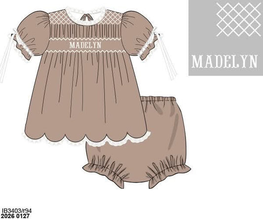 Pre Order 141: Harvest Hues- Girls Woven Name Smock Bloomer Set