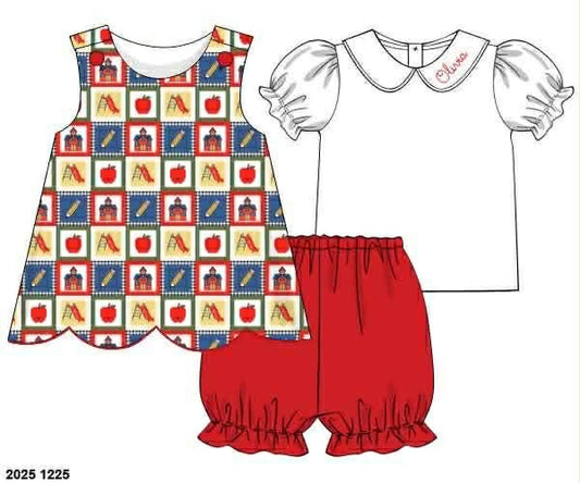 Pre Order 139: Schoolhouse Patchwork- Girls Woven Bubble Short Set