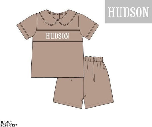 Pre Order 141: Harvest Hues- Boys Woven Name Smock Angled Short Set