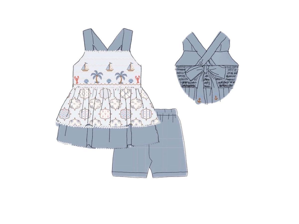 Pre Order 151: Coastal Charm- Girls Smocked Knit Biker Short Set