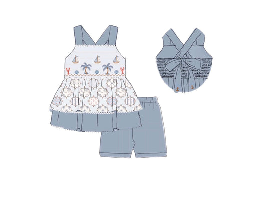 Pre Order 151: Coastal Charm- Girls Smocked Knit Biker Short Set