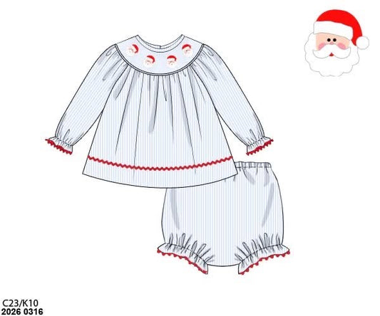 RTS: Smocked Santa- Girls Woven Bloomer Set