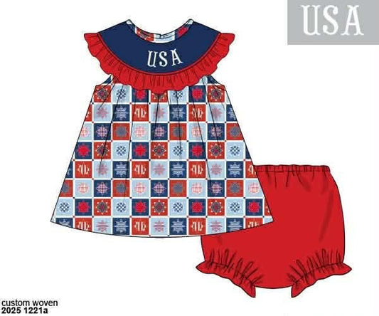 Pre Order 137: Patriotic Patchwork- Girls Name Smock Bloomer Set