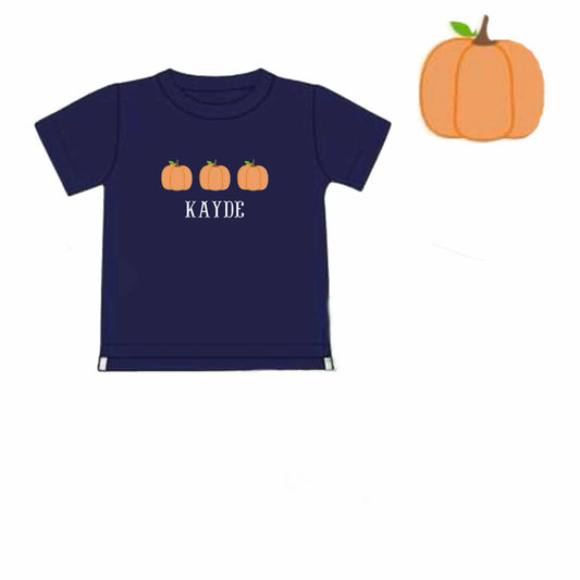 Pre Order 126: Navy & Seersucker Check Pumpkins- Boys Knit Shirt