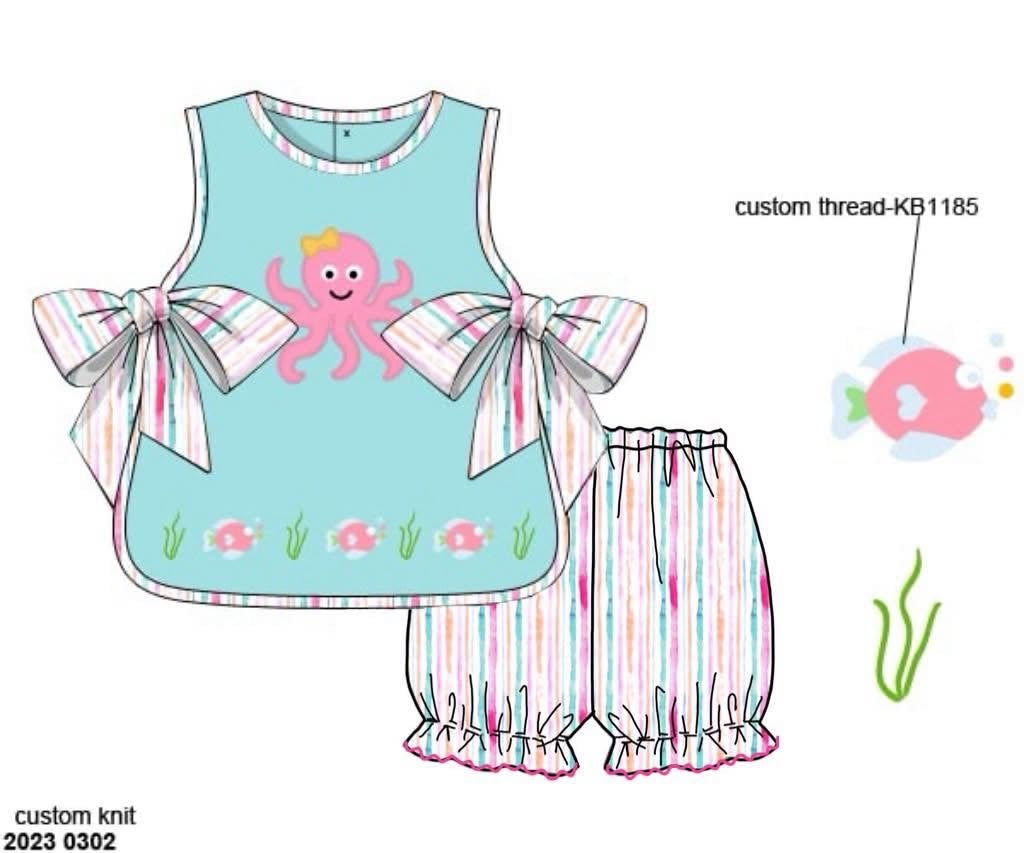 Pre Order 151: Sellers Summer Octopus- Girls Knit Bubble Short Set