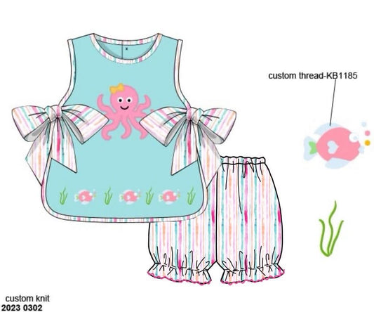 Pre Order 151: Sellers Summer Octopus- Girls Knit Bubble Short Set