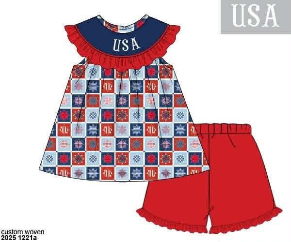 Pre Order 137: Patriotic Patchwork- Girls Name Smock Short Set