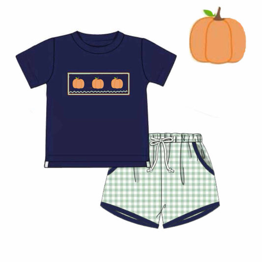Pre Order 126: Navy & Seersucker Check Pumpkins- Boys Smocked Shortie Set
