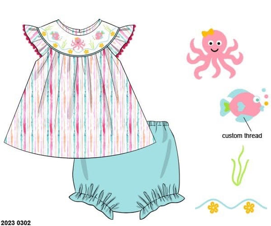 Pre Order 151: Sellers Summer Octopus- Girls Smocked Knit Bloomer Set