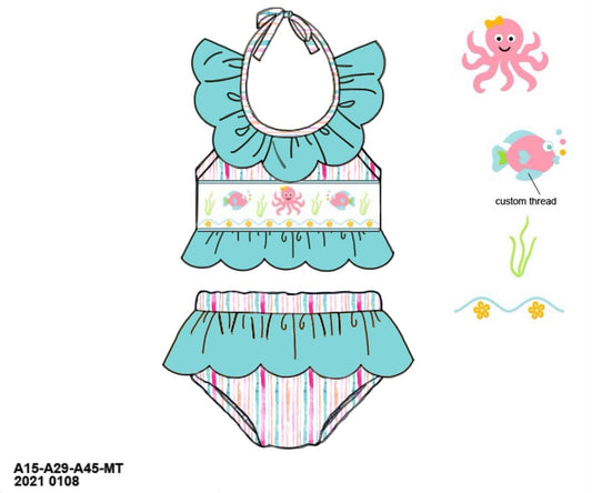 Pre Order 151: Sellers Summer Octopus- Girls Smocked 2pc Woven Swim
