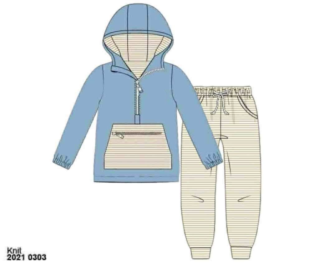 RTS: Knit Hoodie Sets- Cadet Blue & Khaki Stripe
