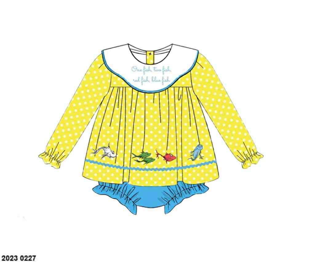 Pre Order 132: Number Fish- Girls Embroidered Woven Skirted Bubble