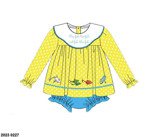 Pre Order 132: Number Fish- Girls Embroidered Woven Skirted Bubble