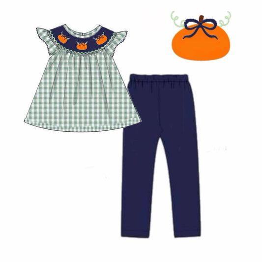 RTS: Navy & Seersucker Check Pumpkins- Girls Smocked Legging Set