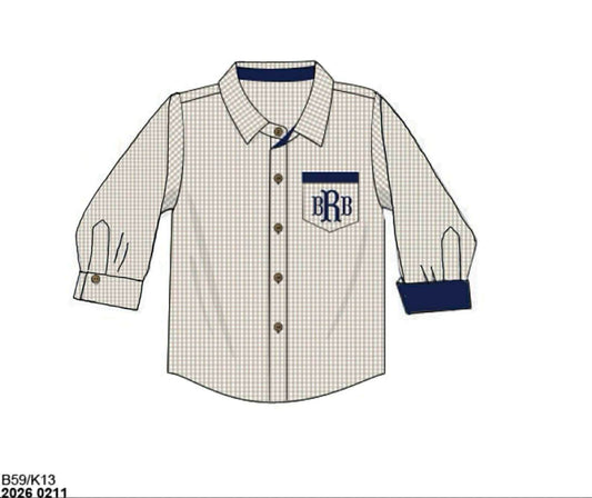 Pre Order 141: Navy & Tan Gingham- Boys Woven Button Up Shirt