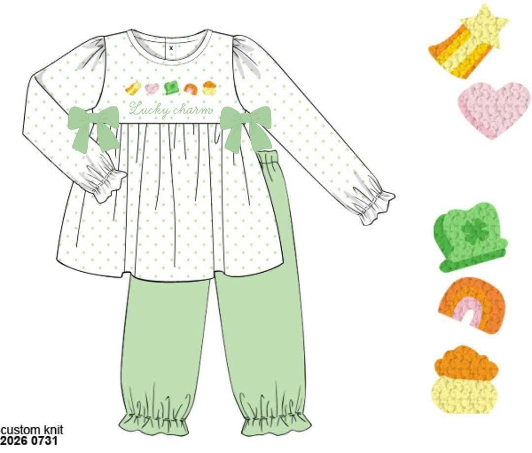 Special Pricing Presale: French Knot Lucky Charms- Girls Knit Bubble Pant Set