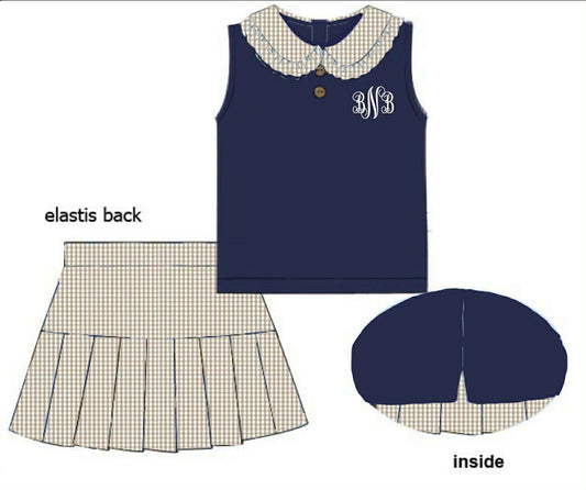 Pre Order 141: Navy & Tan Gingham- Girls Woven Skort Set