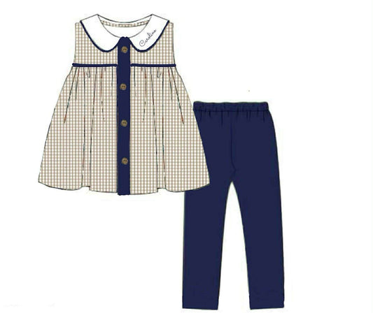 Pre Order 141: Navy & Tan Gingham- Girls Knit Legging Set