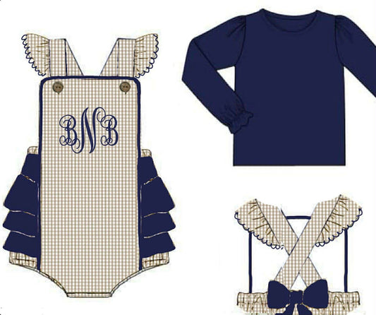 Pre Order 141: Navy & Tan Gingham- Girls 2pc Woven Bubble