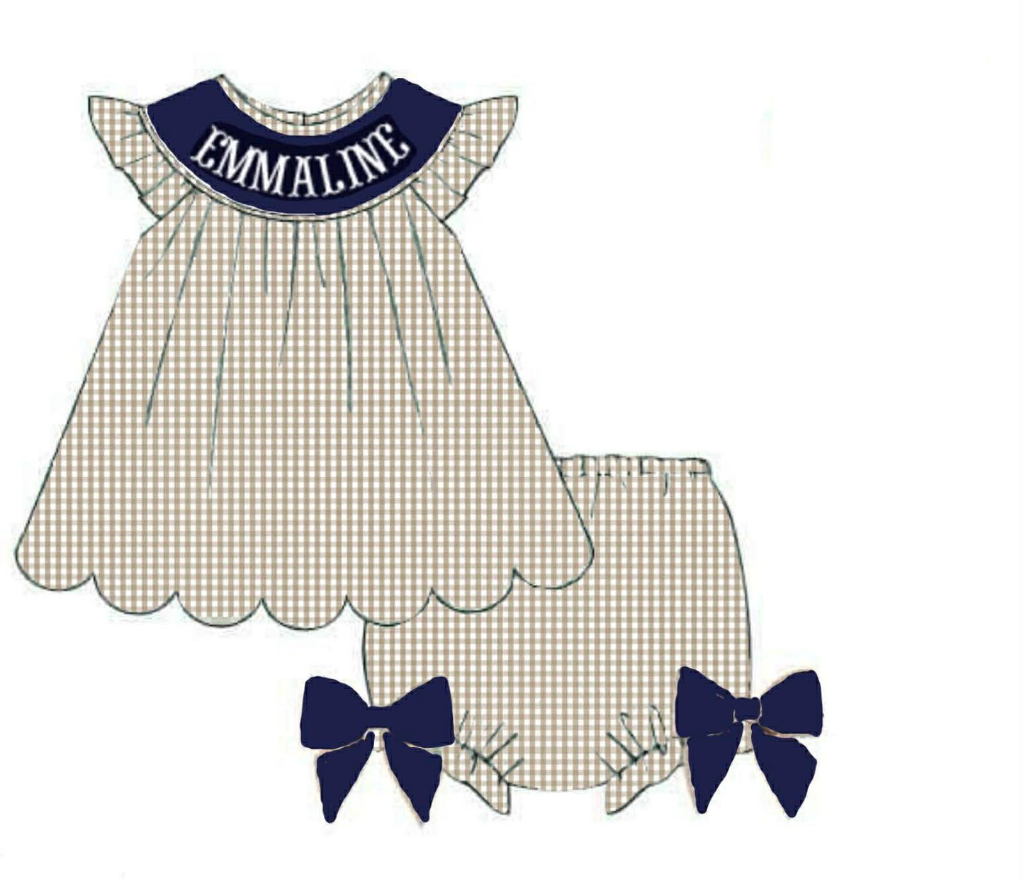 Pre Order 141: Navy & Tan Gingham- Girls Name Smock Bloomer Set
