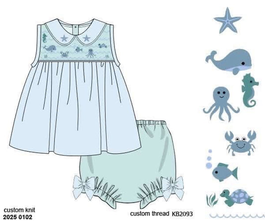 Pre Order 152: Riptide- Girls Smocked Knit Bloomer Set