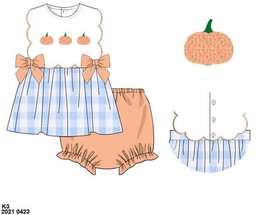 Pre Order 126: French Knot Pumpkins- Girls Woven Bloomer Set