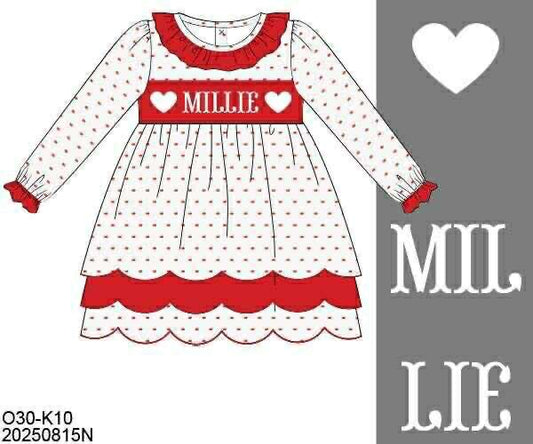 Pre Order 132: Valentine Name Smocks- Girls Red Swiss Dot Scallop Dress