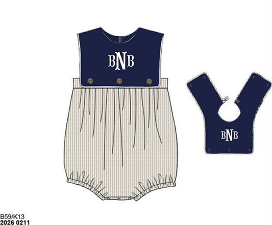 Pre Order 141: Navy & Tan Gingham- Boys Woven Bubble