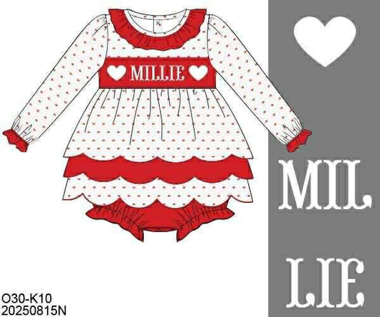 Pre Order 132: Valentine Name Smocks- Girls Red Swiss Dot Scallop Bubble