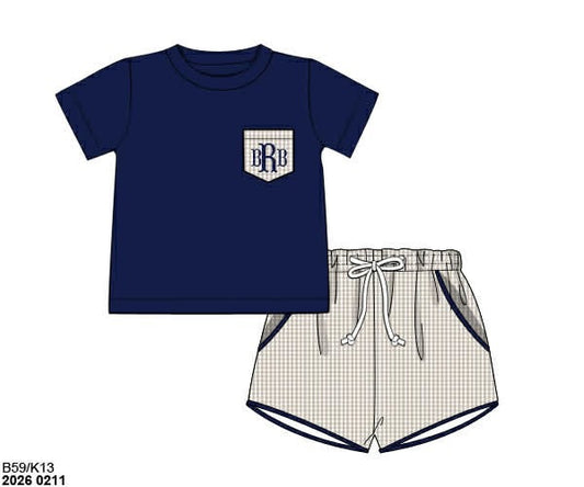 Pre Order 141: Navy & Tan Gingham- Boys Woven Shortie Set