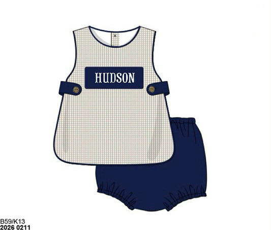 Pre Order 141: Navy & Tan Gingham- Boys Name Smock Diaper Set