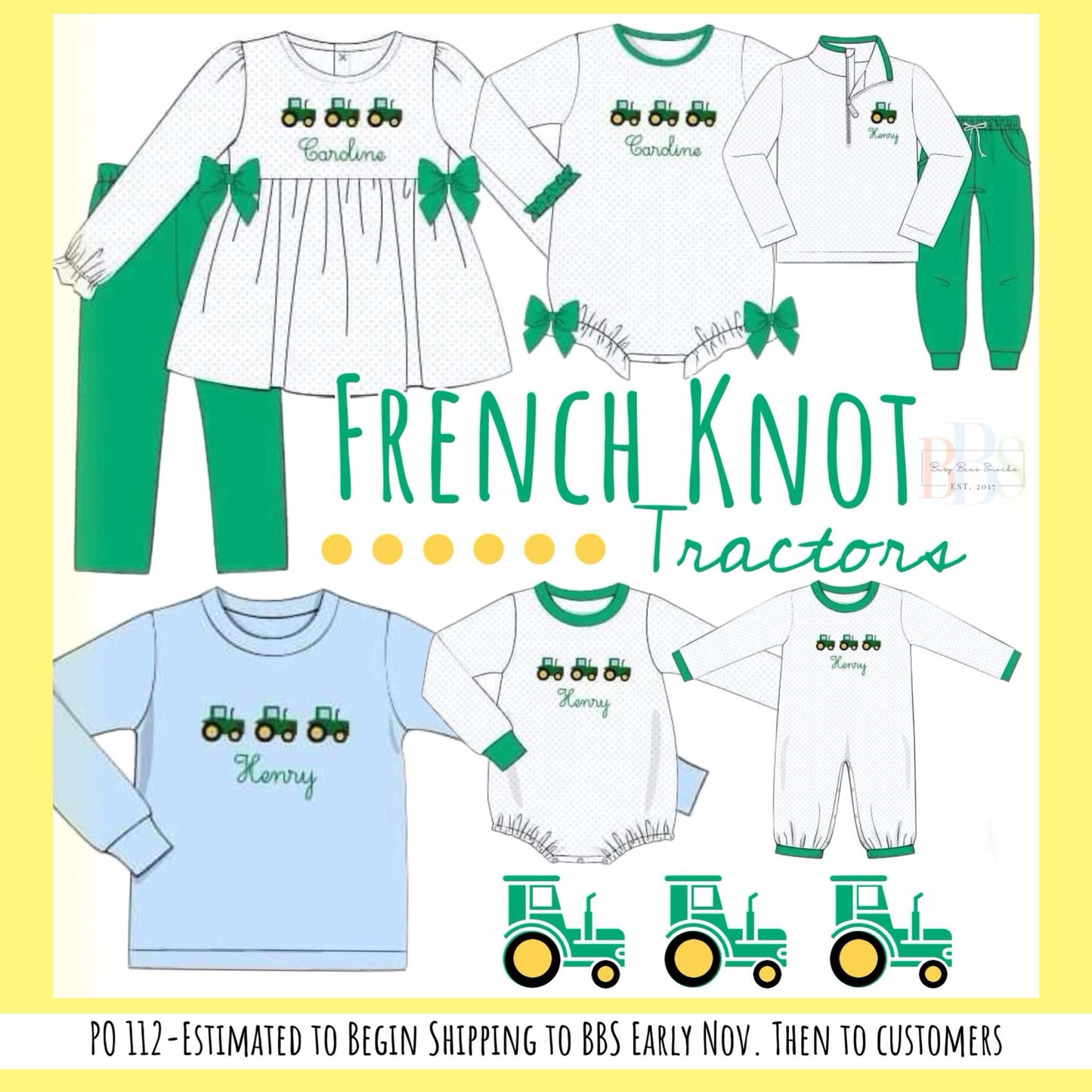 RTS: French Knot Tractors- Girls Knit Bubble