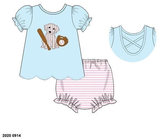 Pre Order 141: Baseball Puppy- Girls Knit Bloomer Set