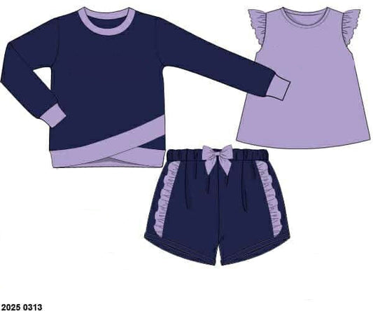 RTS: 3pc Knit Sets- Girls Navy & Lavender