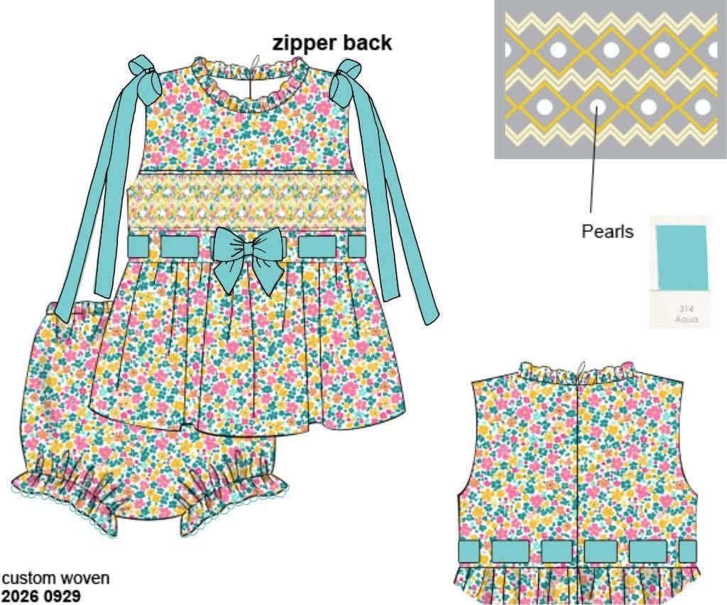 Pre Order 151: Tipton Teal- Girls Smocked Woven Bloomer Set